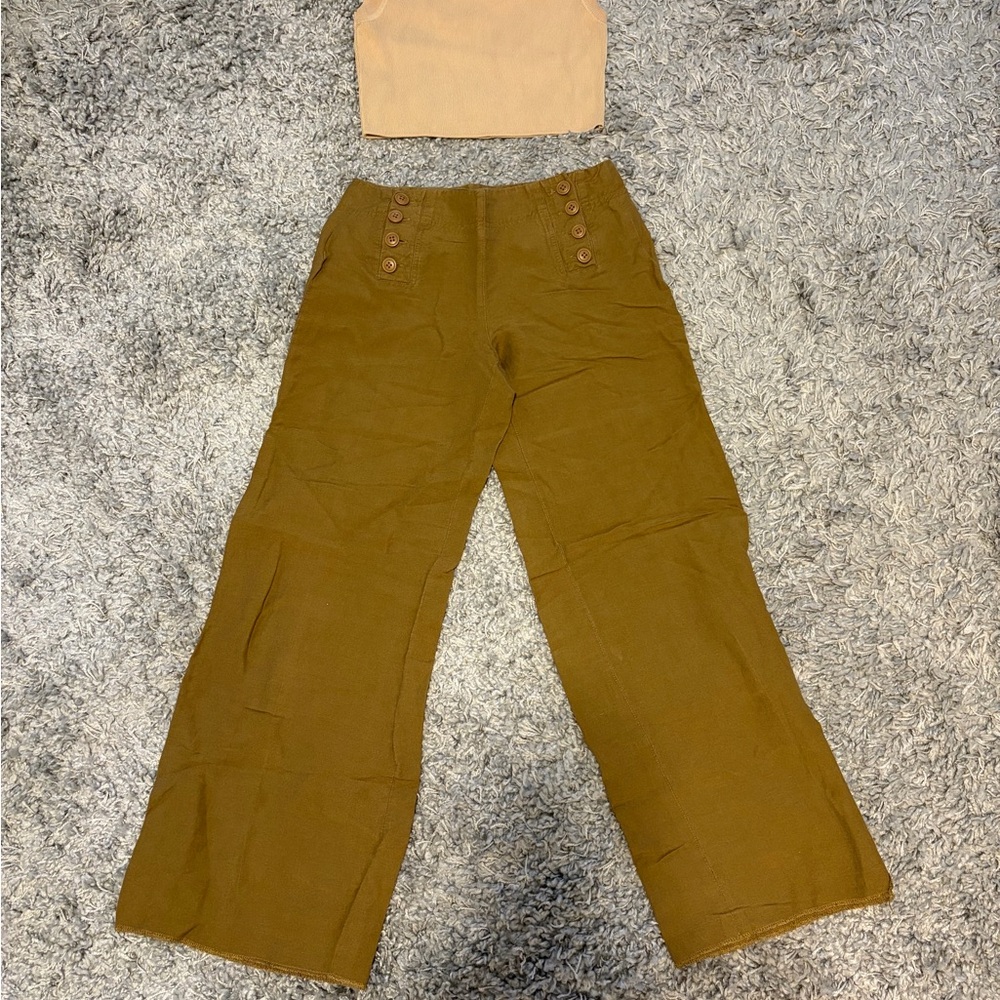 Tan Crop Top and Brown Button Pants Set